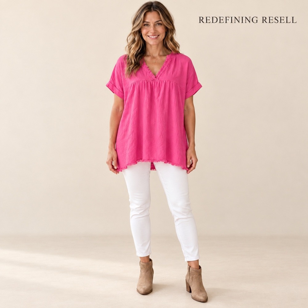 Jodifl Womens Pink Linen Blend V-Neck Frayed Hem Babydoll Tunic Top G8379 M